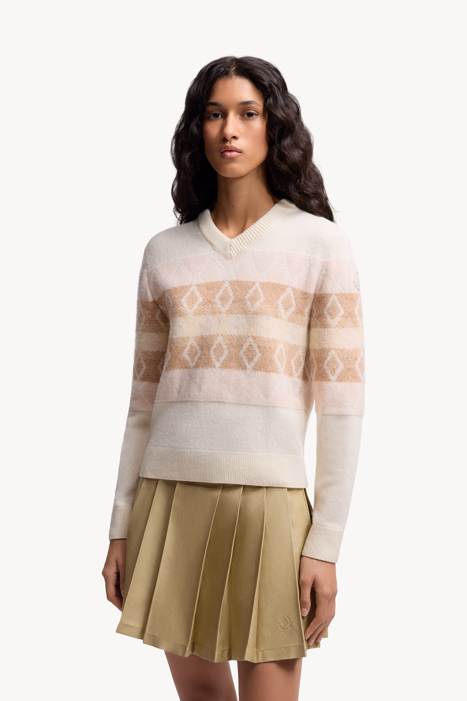 Rhombus Pattern Wool V-Neck Sweater Women White & Pink Moncler 3